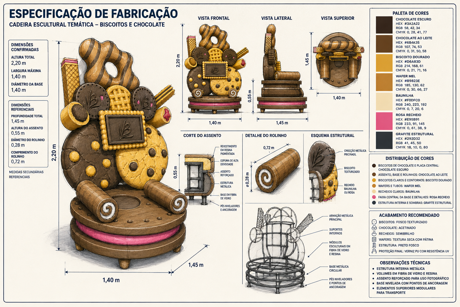 Estudo conceitual assistido por IA para cadeira cenográfica de biscoitos