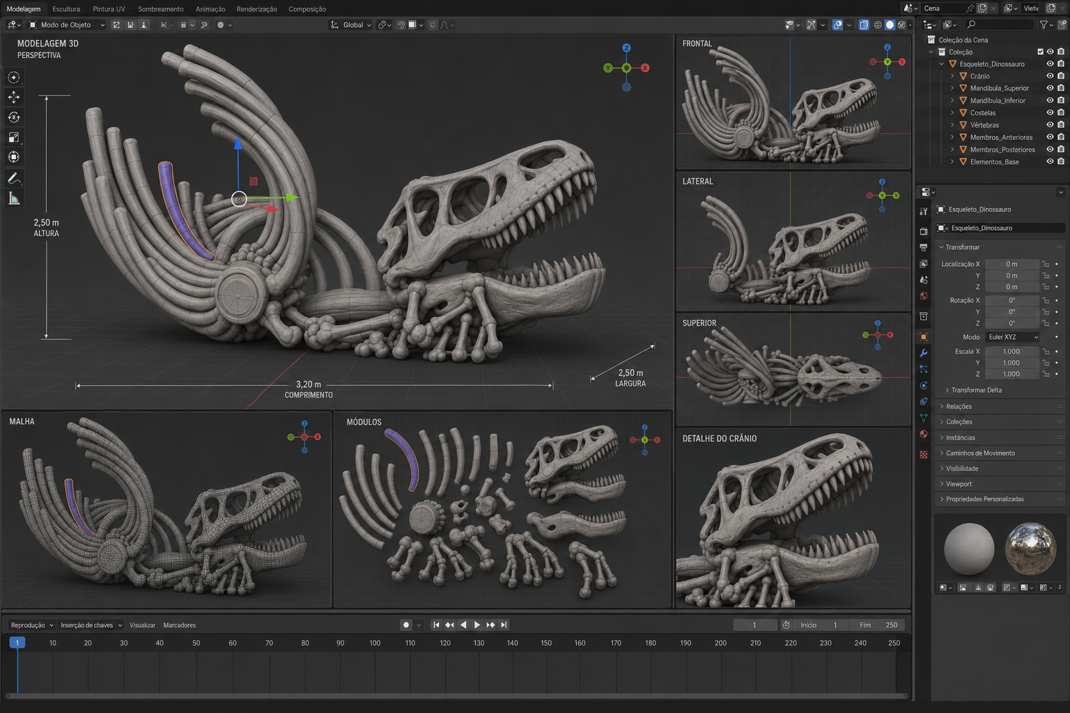 Modelagem 3D de esqueleto cenográfico de dinossauro com vistas e módulos